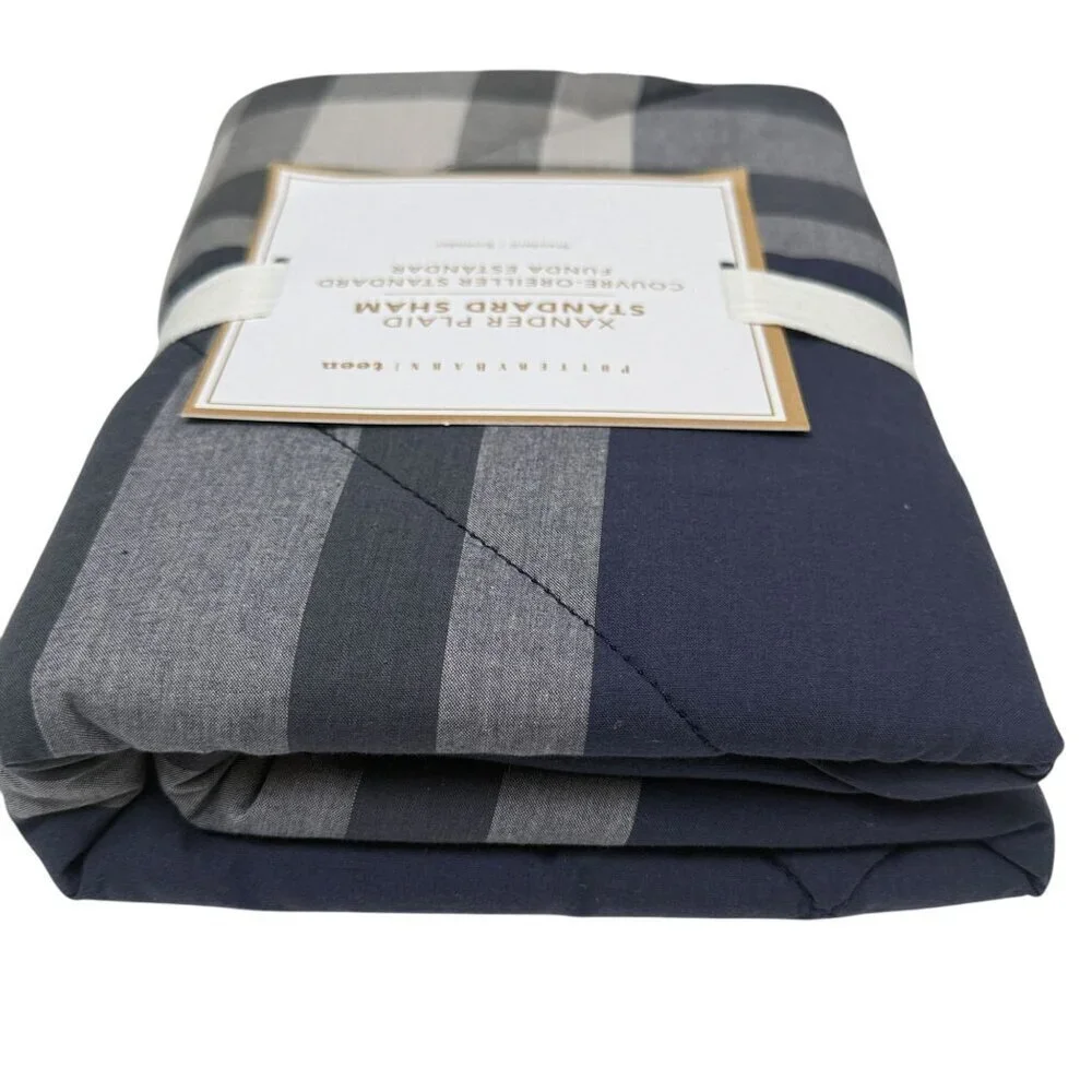 POTTERY BARN Pillow Sham Navy Gray Plaid Cotton Standard Size Xander Pillowcase
